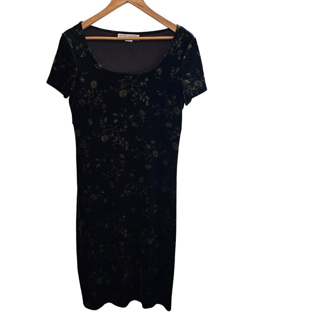 Maggy London Y2K Velvet Dress Women Medium Black Gold Floral Babydoll Whimsygoth